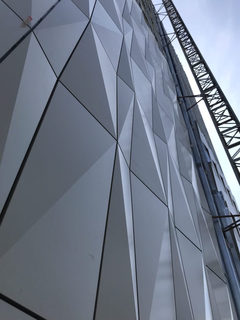 Geometric building facade with modern architectural design