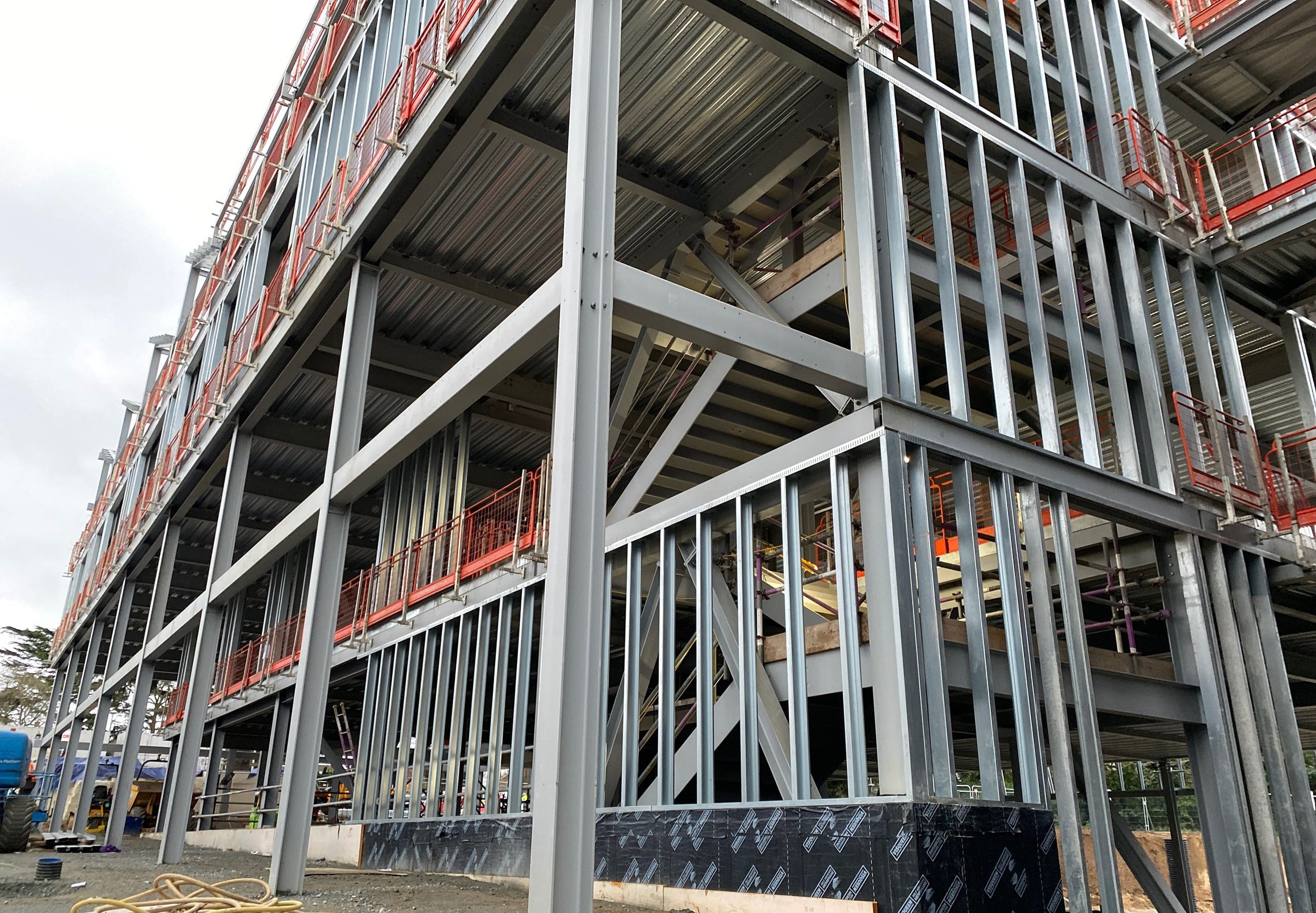 Steel frame structure of a modern building under construction