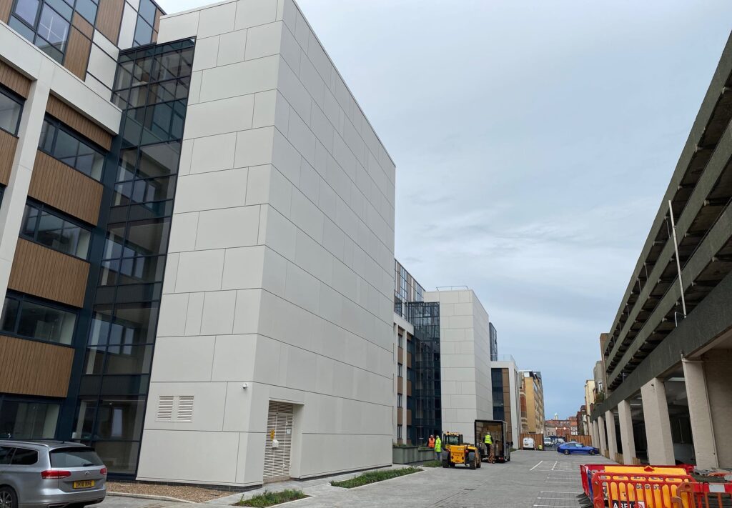 Modern office buildings with clear sky and street view